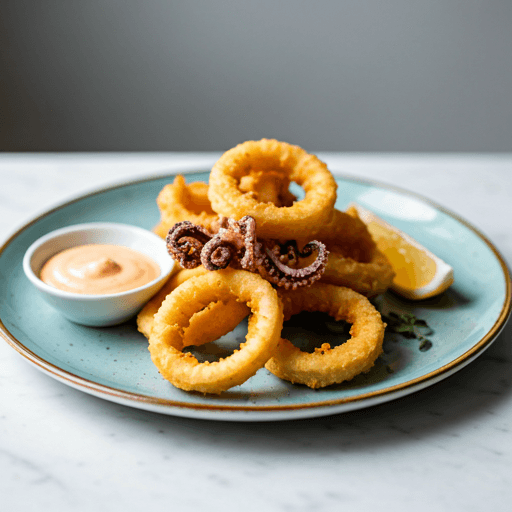 Tender fried squid rings, lightly battered and perfectly crispy