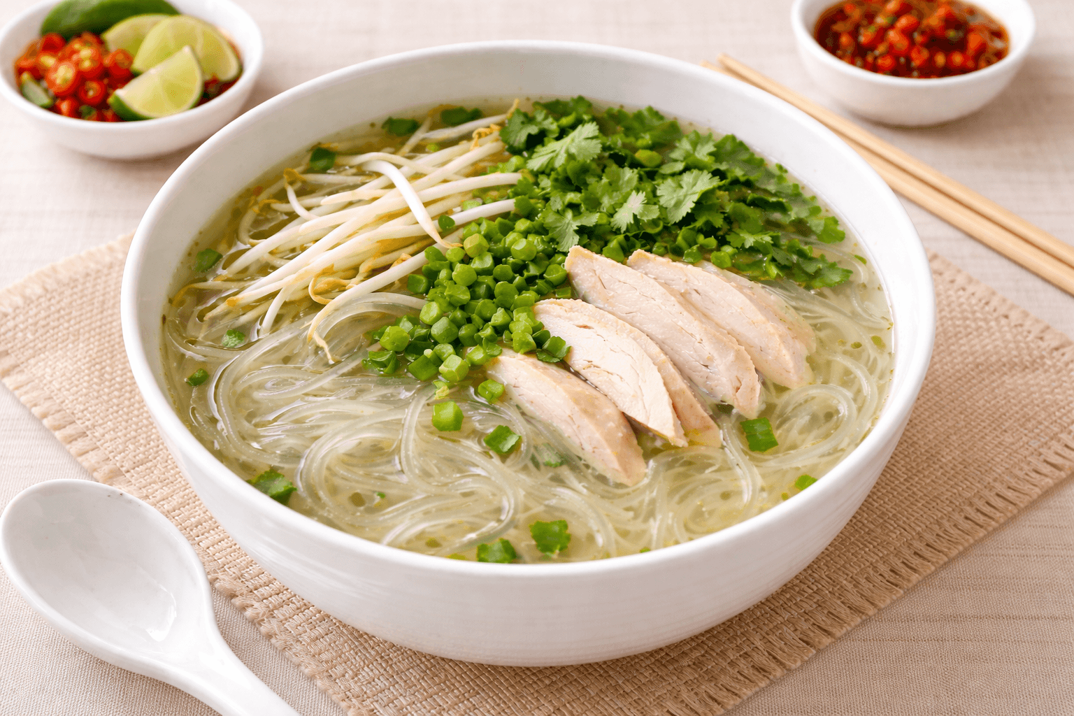Light and comforting soup made with glass noodles in a savory, clear broth, topped with fresh herbs and vegetables. Available with chicken, beef, shrimp, tofu, veggies, or combo.